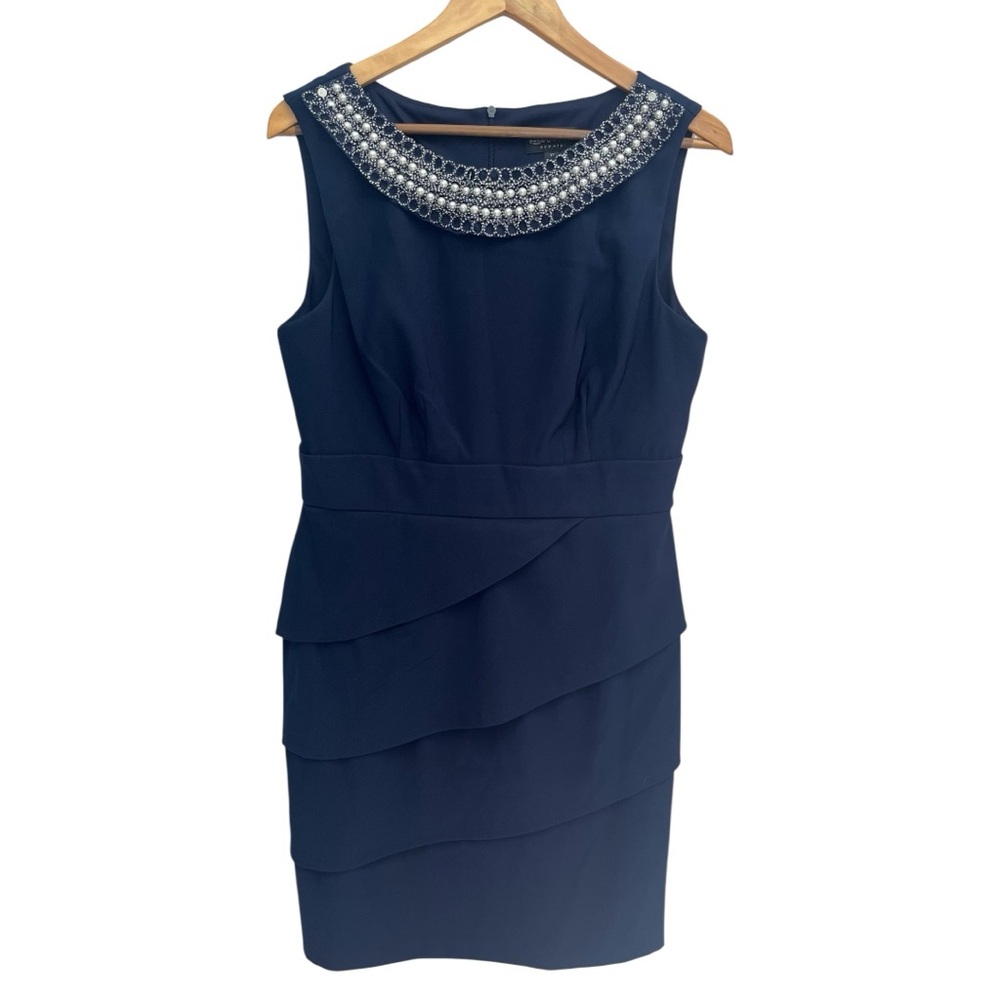 Connected Apparel Women's Beaded Neck Tiered Dress Navy Blue Sleveless Size 12